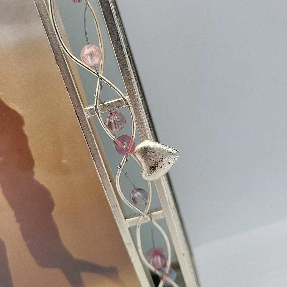 Vintage Glass Jewelry Trinket Photo Box w/ Colorful Beads On Wire